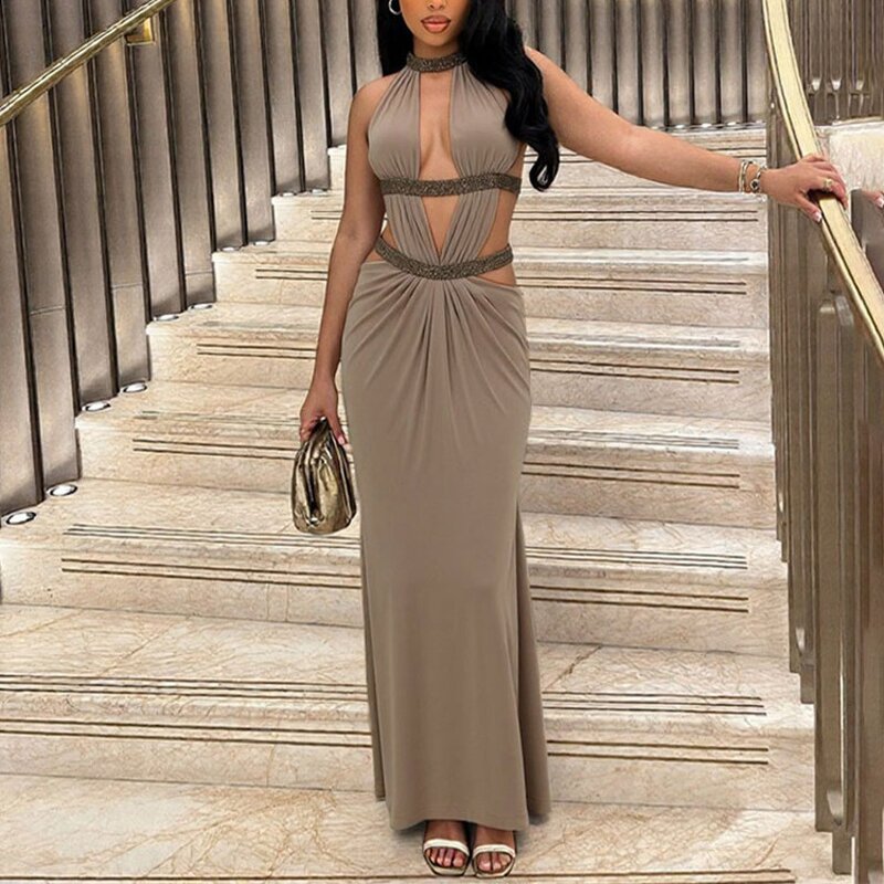 Sequin Dress Manufacturer - OEM/ODM Custom Backless Halter Hollow Out Pleated