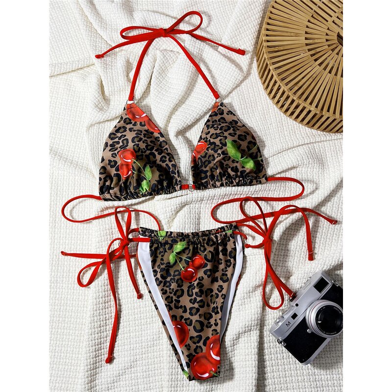 Bikini Set Manufacturer - OEM/ODM Custom Leopard Cherry Print Halter High Cut