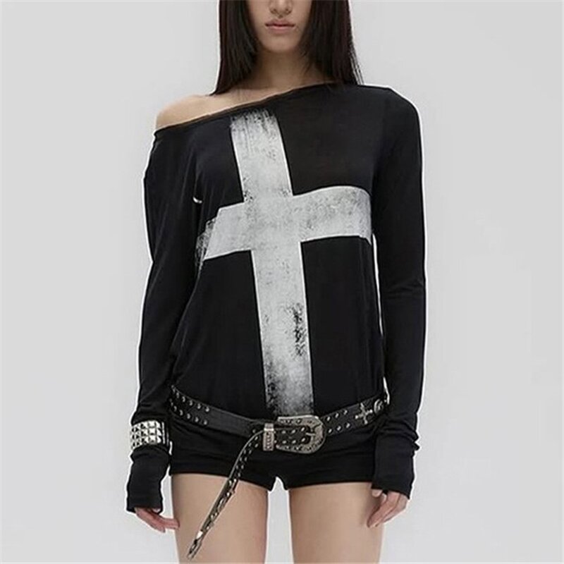 T-Shirt Manufacturer - OEM/ODM Custom Women Cross Print Loose Off-Shoulder