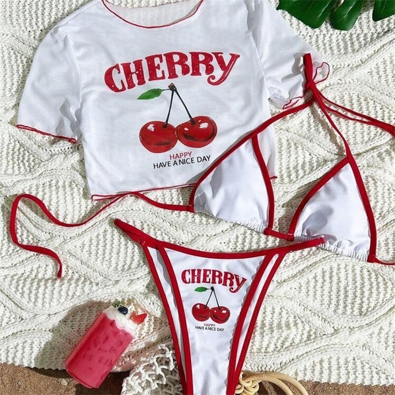 Bikini Set Manufacturer - OEM/ODM Custom Cherry Printed Short Sleeve Three-piece