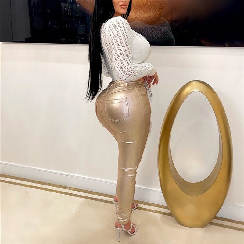 Shiny Pants Manufacturer - OEM/ODM Custom High Waist Heart Rhinestone Gilding