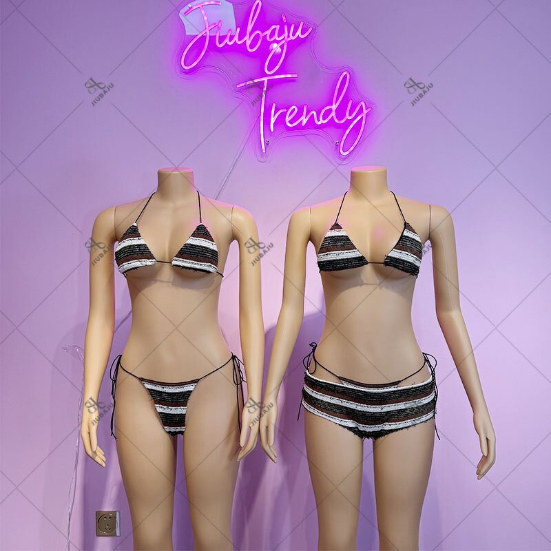Bikini Set Manufacturer - OEM/ODM Custom Stripe Bandage 3 Piece Halter