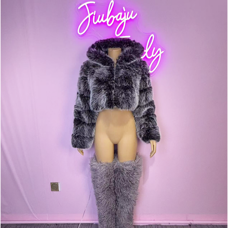 Furry Coat Manufacturer - OEM/ODM Custom Plus Size Cropped Faux Fur Hooded