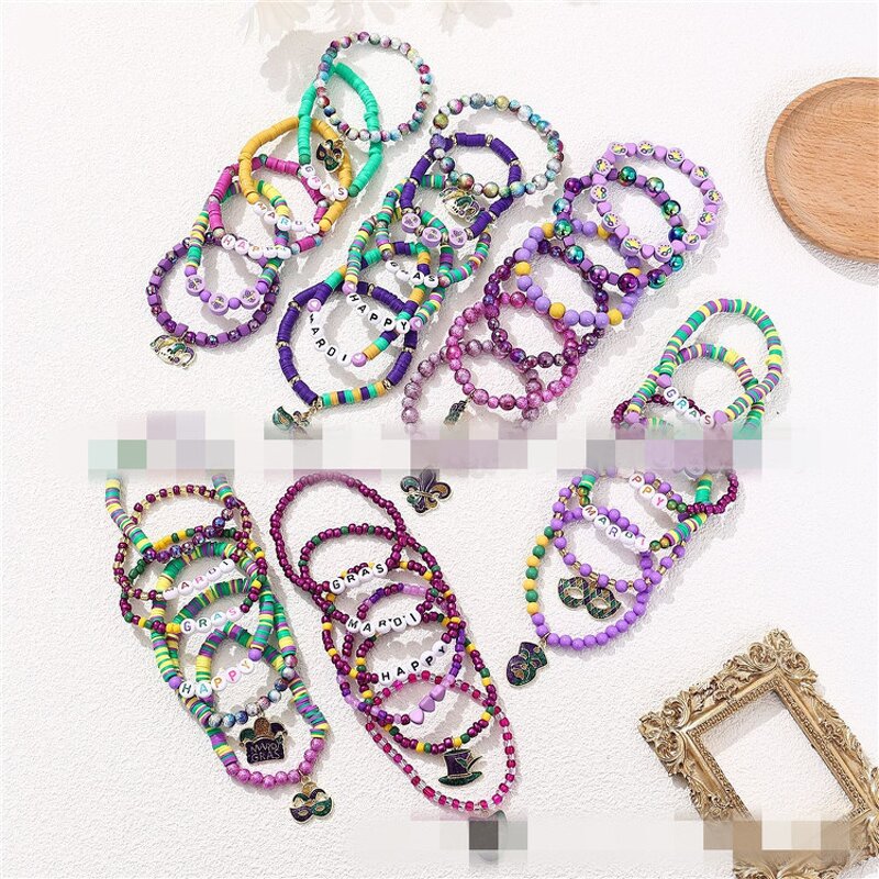 Mardi Gras Bracelet Manufacturer - OEM/ODM Custom Glitter Mask Charm Stretch