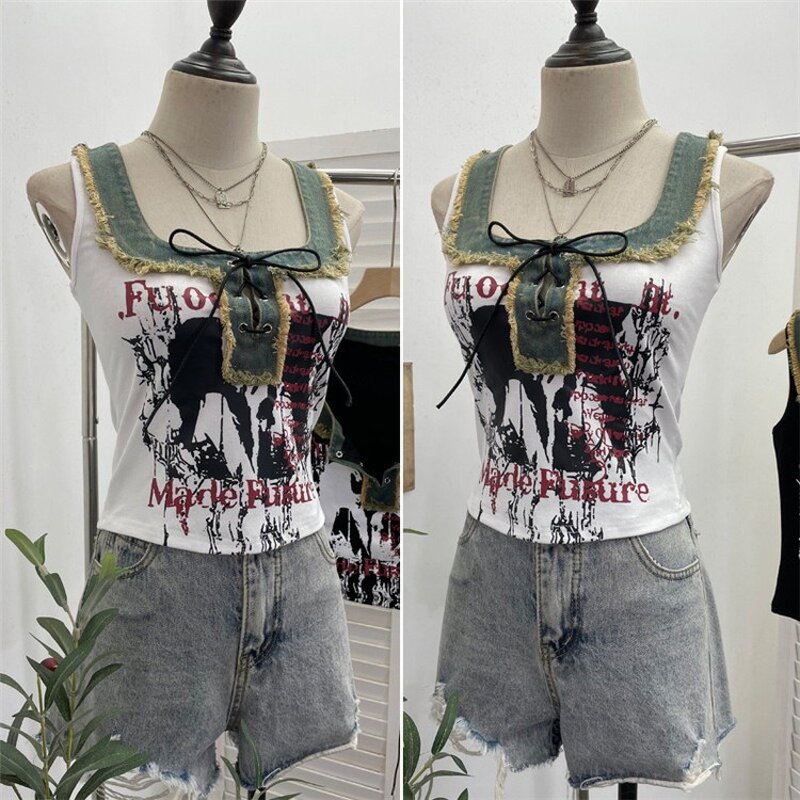 Denim Vest Manufacturer - OEM/ODM Custom Retro Raw Edge Splicing Printed