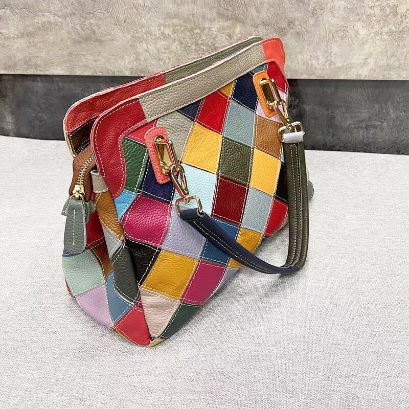 Women Tote Handbag Supplier - Free Patchwork Multicolor Genuine Leather Boston Bag