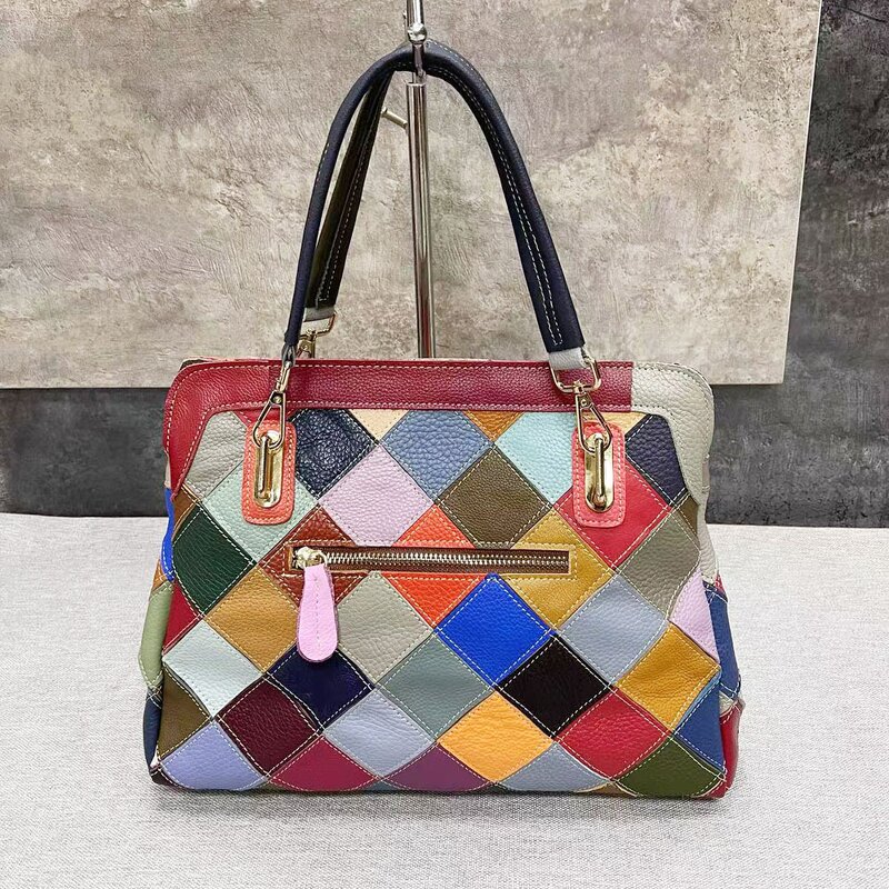 Women Tote Handbag Supplier - Free Patchwork Multicolor Genuine Leather Boston Bag