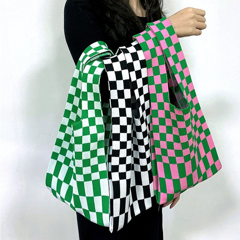 Knit Tote Bag Manufacturer - OEM Chunky Lattice Design Polyester Bag