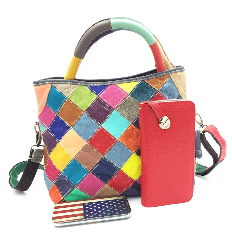 Leather Handbag Supplier - 2025 Geometric Color Genuine Cowhide Tote Bag