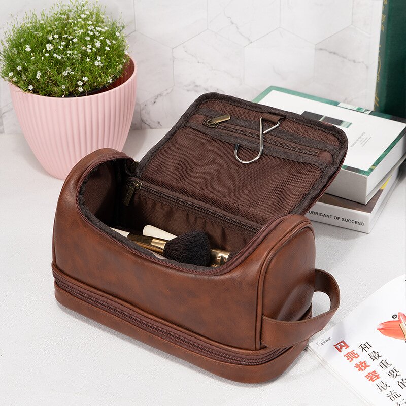 Makeup Bag Supplier - Vintage PU Leather Portable Waterproof Travel Toiletry Bag