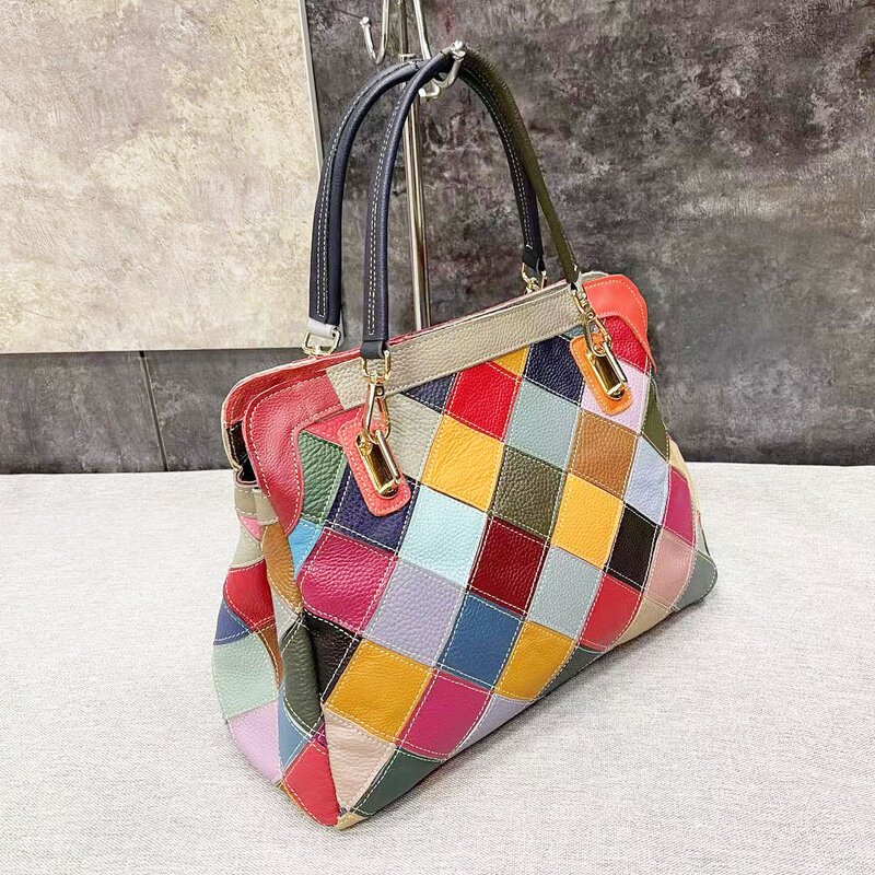 Women Tote Handbag Supplier - Free Patchwork Multicolor Genuine Leather Boston Bag