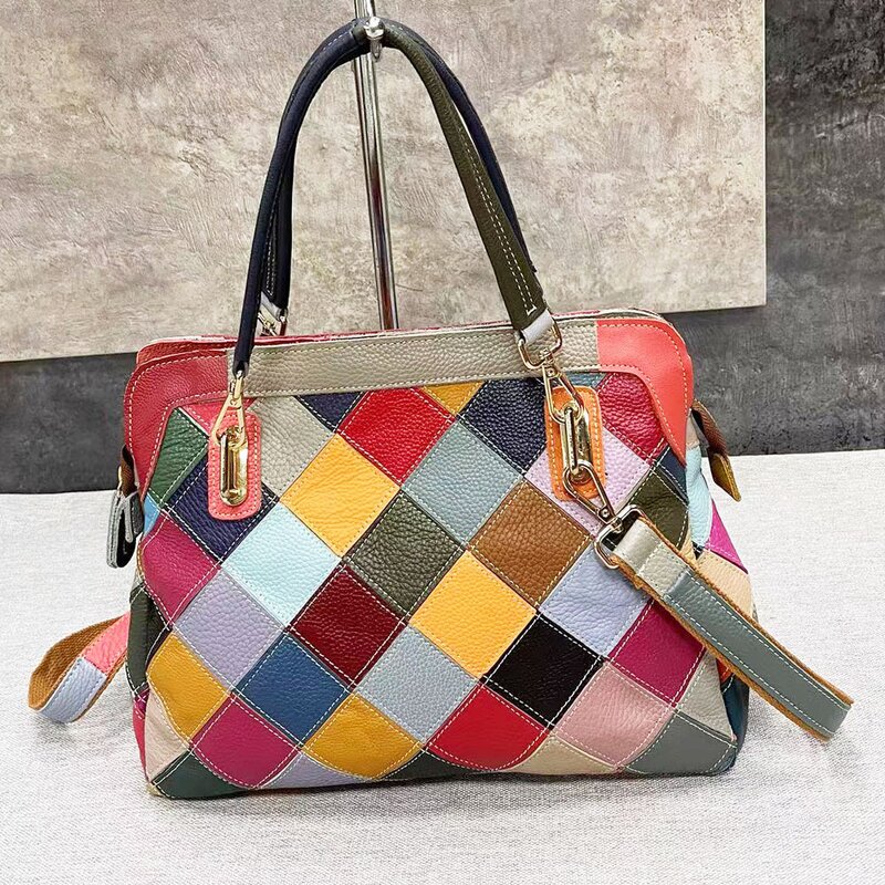 Women Tote Handbag Supplier - Free Patchwork Multicolor Genuine Leather Boston Bag