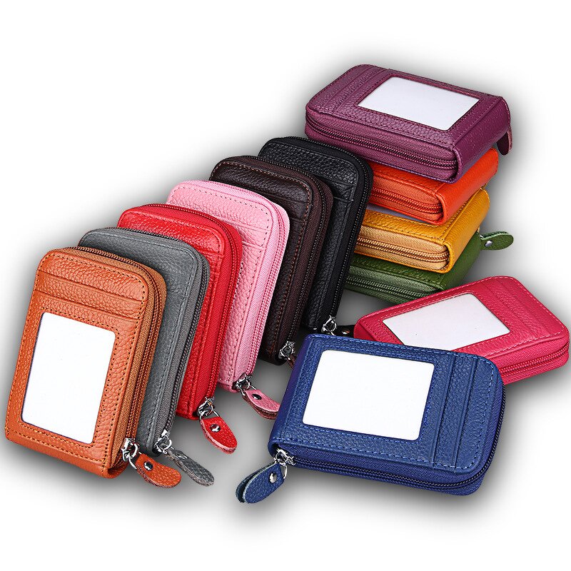 Card Case Supplier - Men Business Genuine Leather Zipper Credit Card Holder