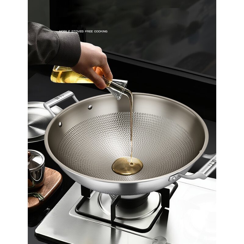 Frying Wok Factory - OEM/ODM Hammer Pattern Titanium Wok Stainless Steel Large Capacity