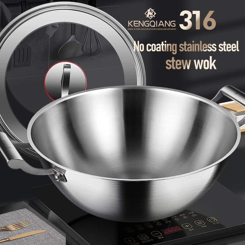 Frying Pan Factory - OEM/ODM Double-ear 316 Stainless Steel Deep-bottomed Stew Wok