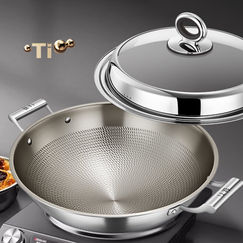 Frying Wok Factory - OEM/ODM Hammer Pattern Titanium Wok Stainless Steel Large Capacity