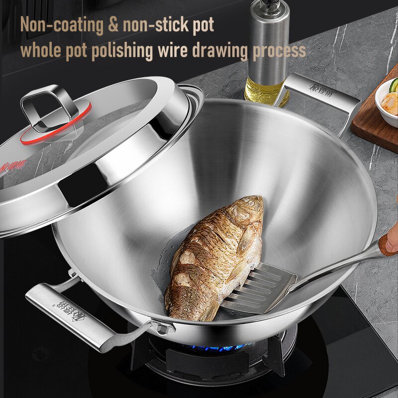 Frying Pan Factory - OEM/ODM Double-ear 316 Stainless Steel Deep-bottomed Stew Wok