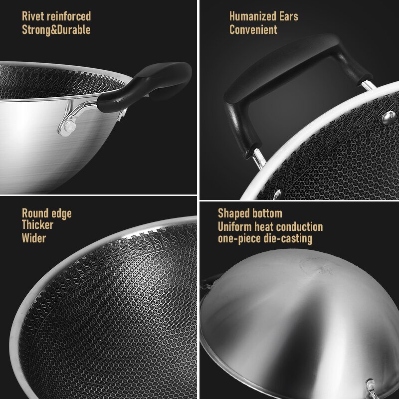Wok Manufacturer - OEM/ODM Stainless Steel 304 Stir-fried Non Stick Honeycomb 45cm