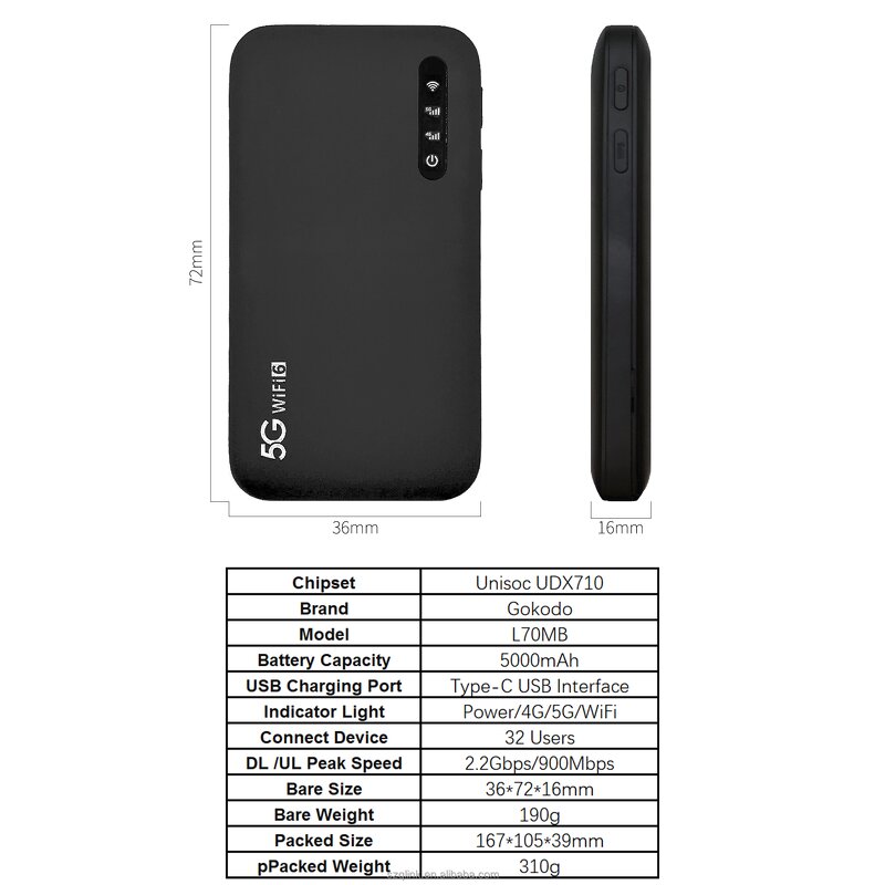 5G Modem Manufacturer - OEM UNISOC V510 5000mAh Pocket Hotspot WiFi6