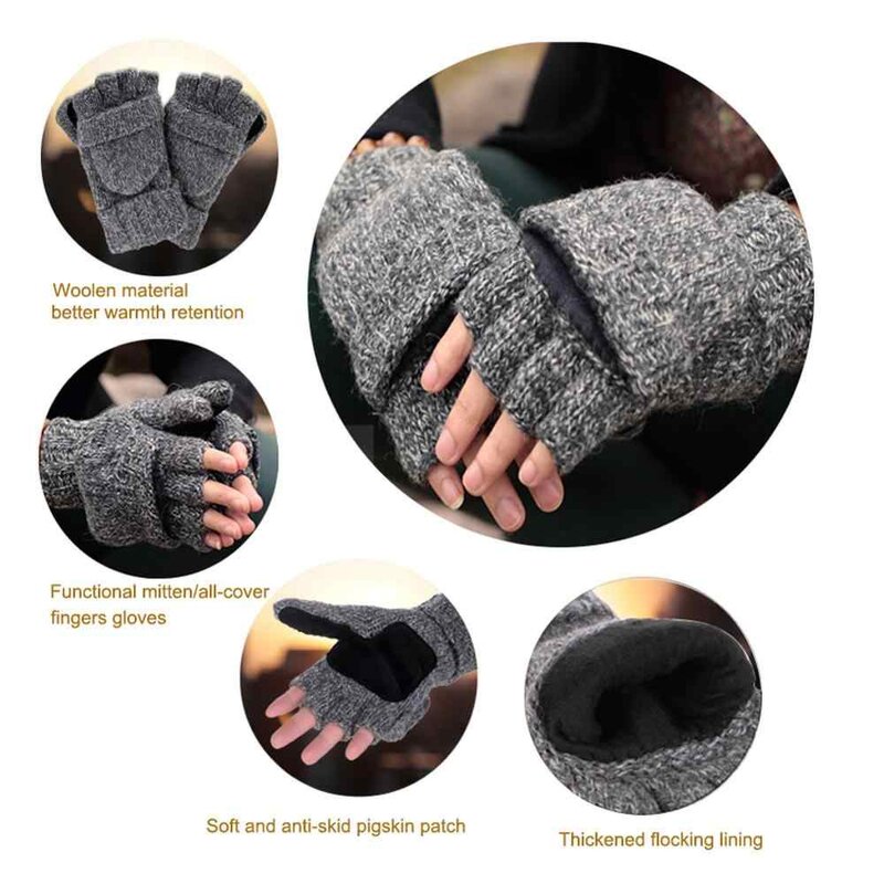 Fingerless Gloves Manufacturer - OEM/ODM Ragg Wool Knitted Grip Patched Convertible Mittens