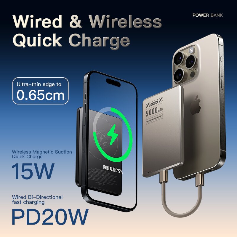 Wireless Power Bank Manufacturer - OEM/ODM X6 2-in-1 Ultra-thin 15W Magnetic 5000mAh