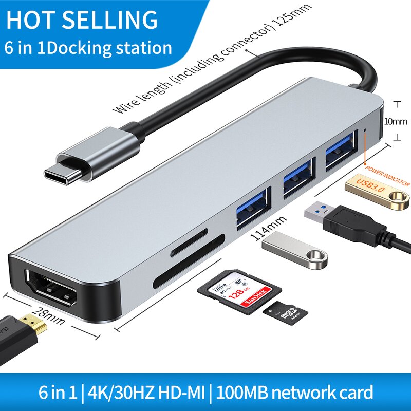USB C Hub Manufacturer - OEM/ODM 6 in 1 SD TF Card Reader HD-MI 4k Video Output