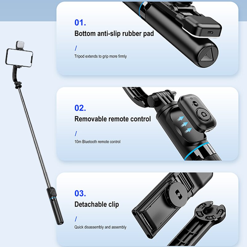 Selfie Stick Factory - OEM/ODM C01S with Split Holder Bluetooth Remote Fill Light