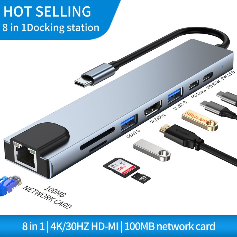 USB Type C Hub Factory - OEM/ODM 8 in 1 RJ45 Network SD TF Card Reader