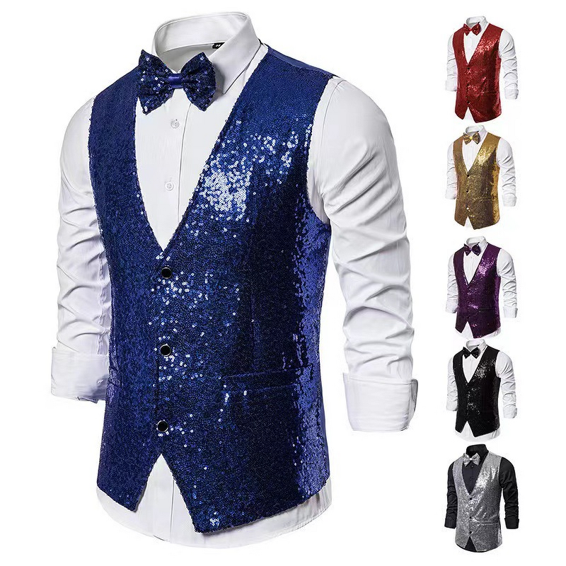 Sequins Vest Factory - OEM Men's Fashion Stage Performance Suit with Small Sequins Vest for Male Host Emcee Photo Studio