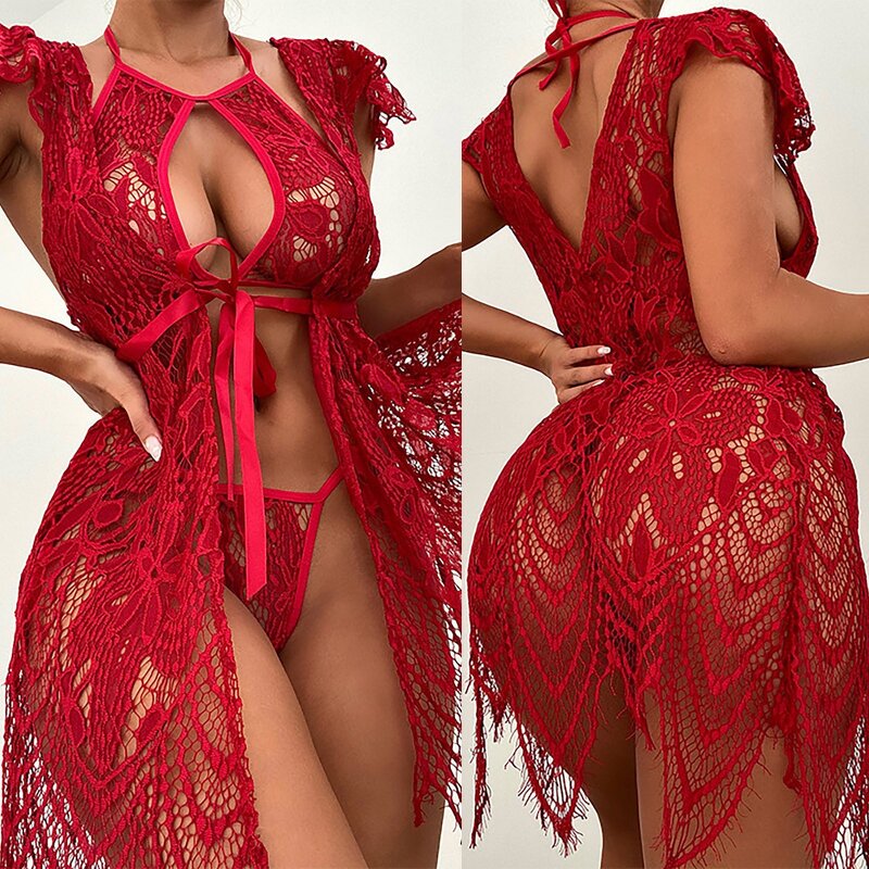 Lingerie Suit Factory - OEM Woman Sexy Lingerie Suit Long Lace Red Sexy Lingerie Night Fire Temptation