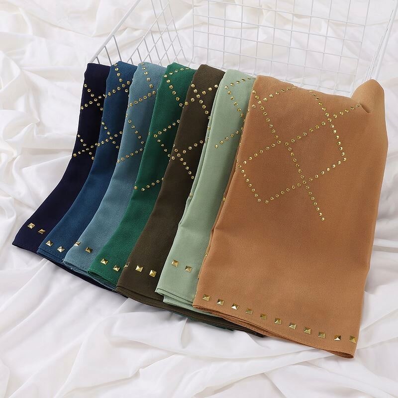 Plain Hijabs Scarf Factory - OEM 2024 Ruizi Arrival Plain Women Islamic Shawl Rhinestone Muslim Headscarf Heavy Chiffon