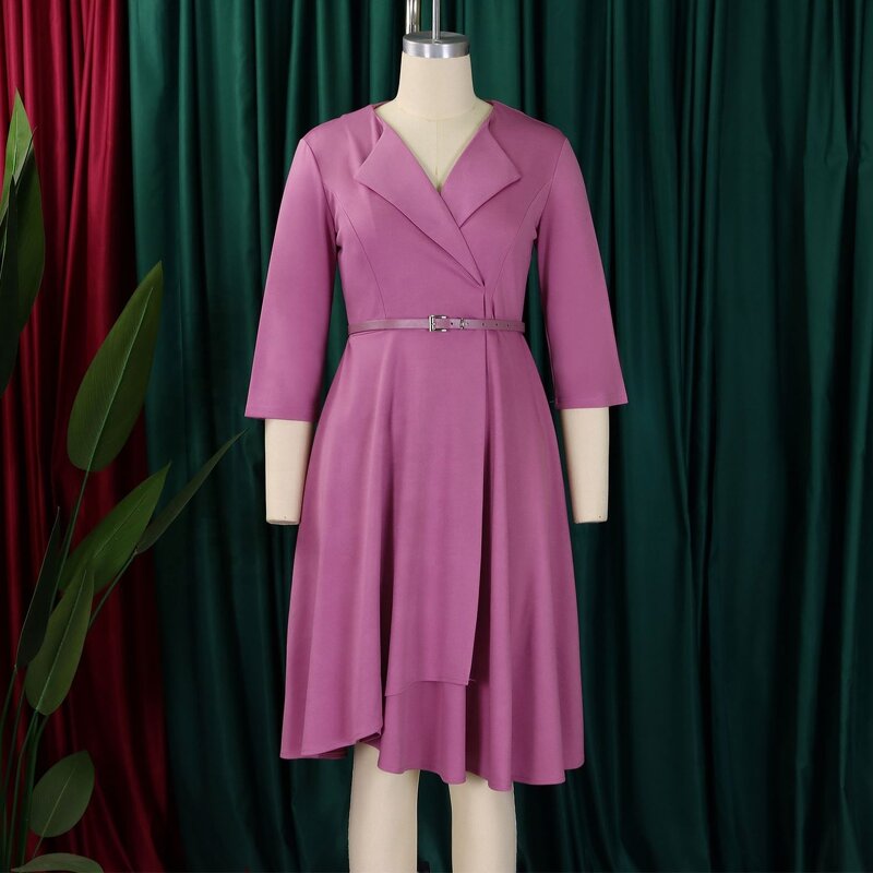 Office Lady Dress Factory - OEM Autumn Career Women Elegant V-Neck High Waist A-Line Office Lady Dress African Dresses