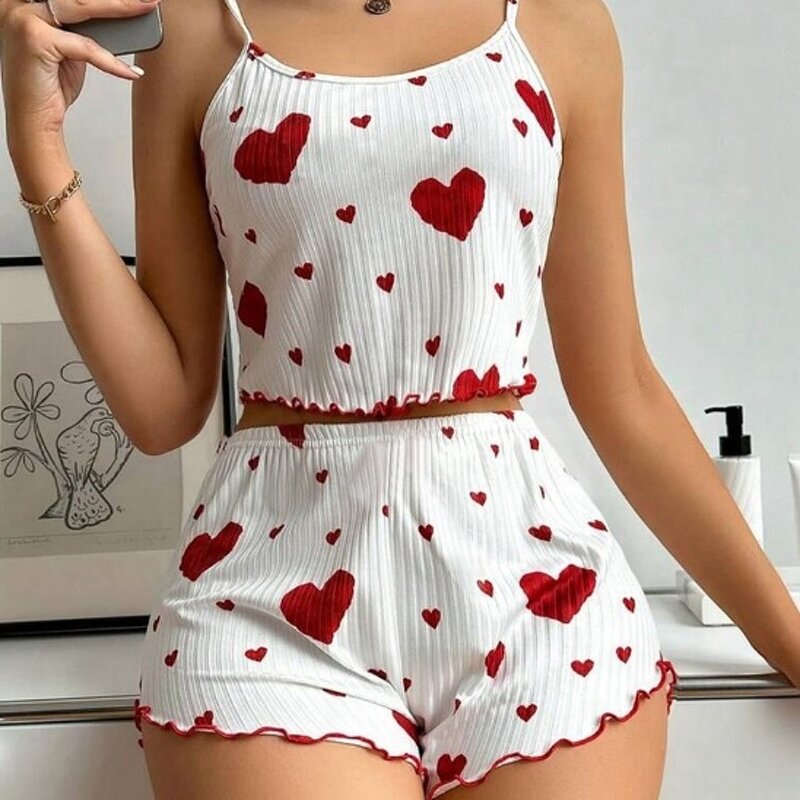 Camisole Shorts Pajamas Manufacturer - OEM Women's Sweet Print Summer Camisole Shorts Pajamas Knitted Lace with Elastic