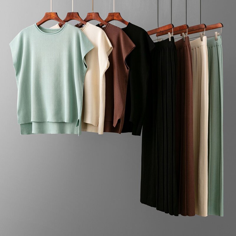 Leisure Suit Factory - OEM Summer new solid color sleeveless vest sweater wide leg pants large size leisure suit elastic