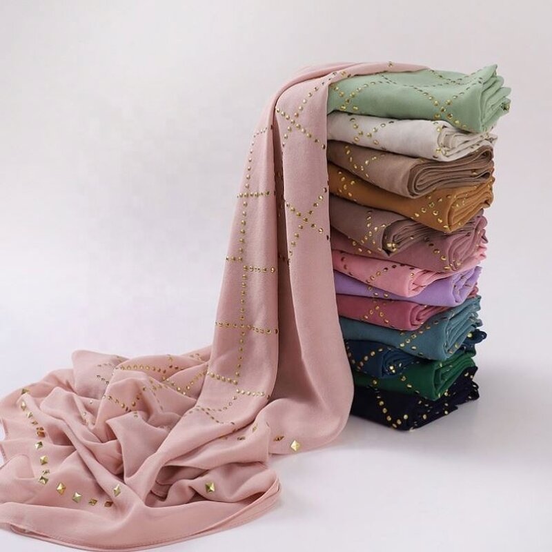 Plain Hijabs Scarf Factory - OEM 2024 Ruizi Arrival Plain Women Islamic Shawl Rhinestone Muslim Headscarf Heavy Chiffon