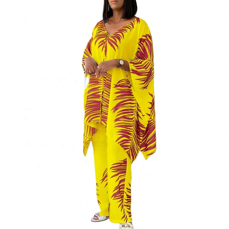 Printed Top and Pants Set Factory - OEM Two Loose Printed V-Neck Top and Wide Leg Pants Set 2 Piece Outfits