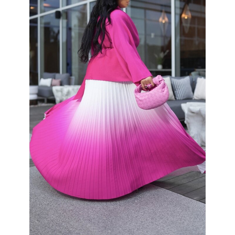 African Suit Manufacturer - OEM African Women's Clothing Pleated Print Top + Gradient Color Skirt Suit