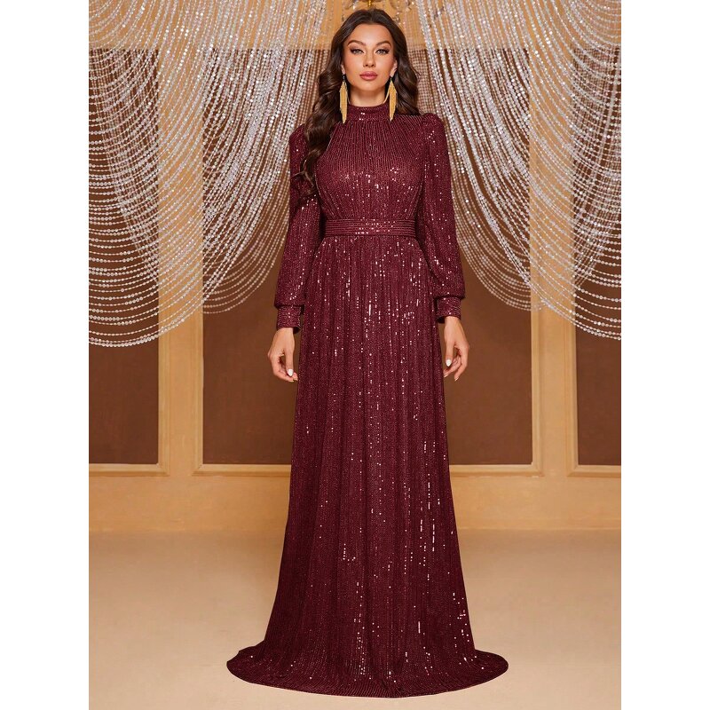 Sequin Dress Factory - OEM Women's Solid Color Sequin Long Sleeve Turtleneck Evening Dress Long Skirt Simple Elegant