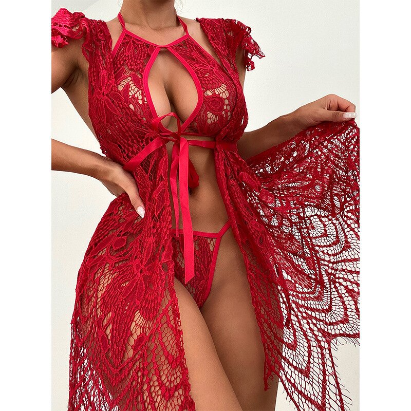Lingerie Suit Factory - OEM Woman Sexy Lingerie Suit Long Lace Red Sexy Lingerie Night Fire Temptation