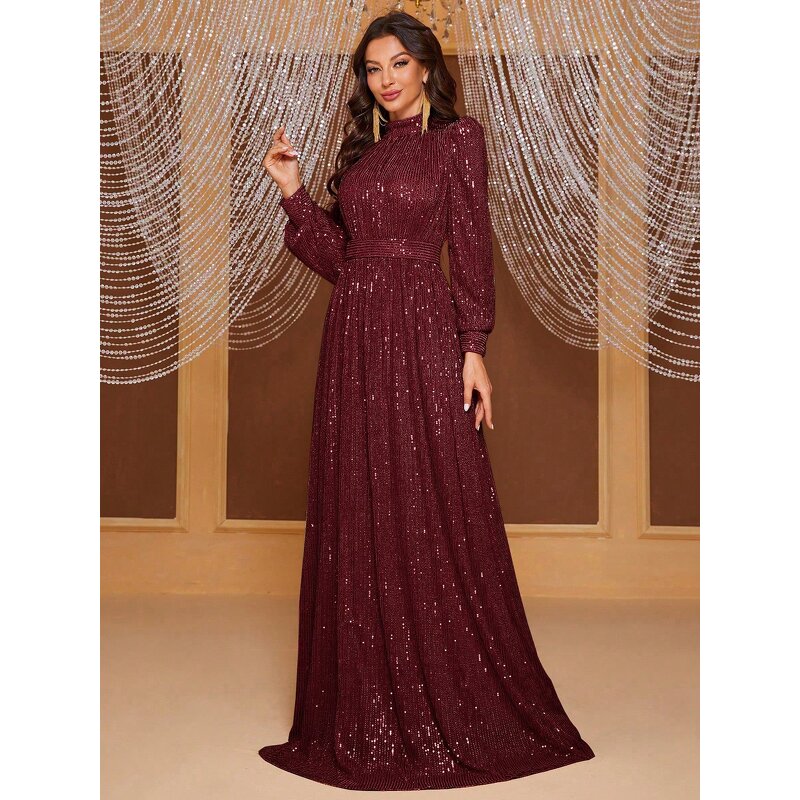 Sequin Dress Factory - OEM Women's Solid Color Sequin Long Sleeve Turtleneck Evening Dress Long Skirt Simple Elegant