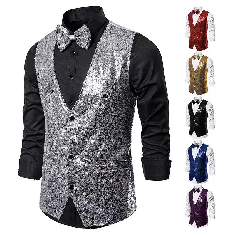 Sequins Vest Factory - OEM Men's Fashion Stage Performance Suit with Small Sequins Vest for Male Host Emcee Photo Studio