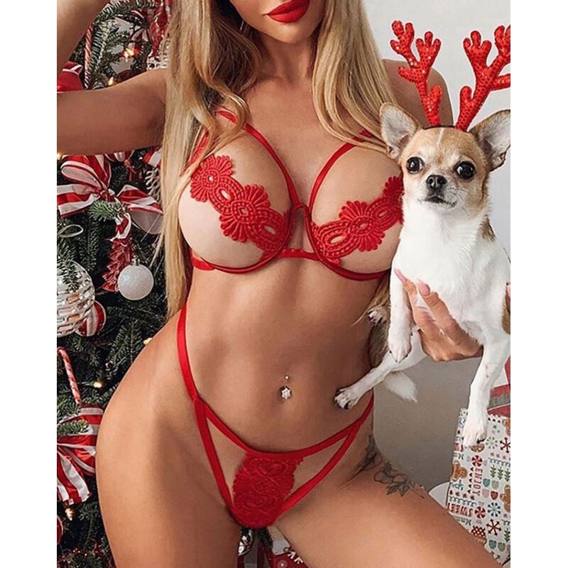 Lenceria Erotica Manufacturer - OEM 2024 Christmas Red Transparent Lace Mesh