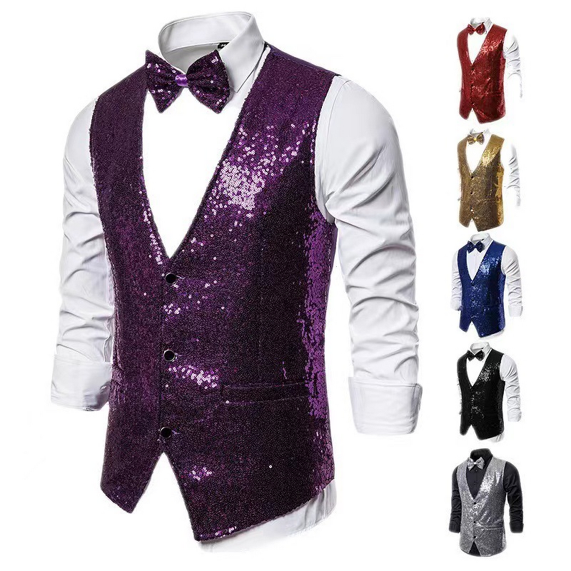 Sequins Vest Factory - OEM Men's Fashion Stage Performance Suit with Small Sequins Vest for Male Host Emcee Photo Studio