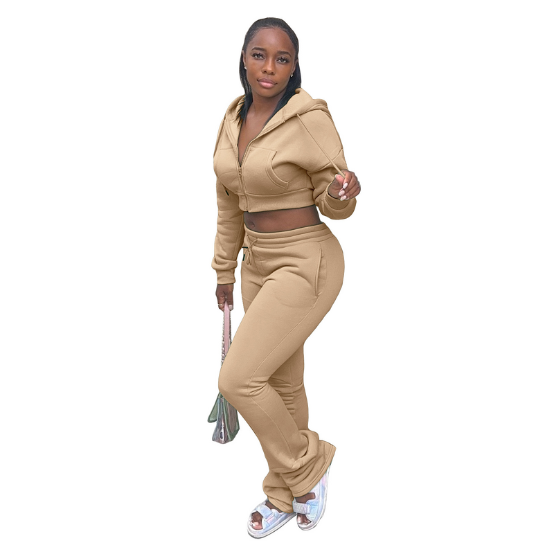 Women's Set Manufacturer - OEM Streetwear Fashion Women's Fleece Sweatshirt Hooded Cardigan Skinny Solid Stacked Flared Pants