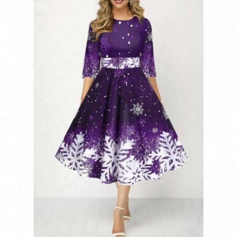Mid-Sleeve Dress Manufacturer - OEM 2024 New Fashion Waist Snowflake Print Lace
