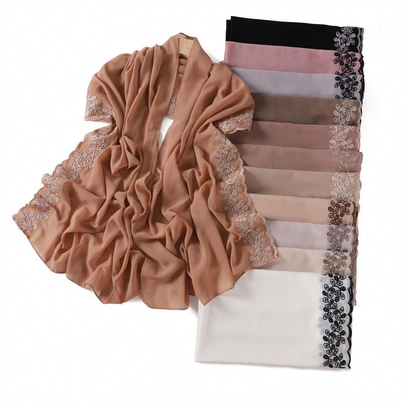 Islamic Shawl Factory - OEM 2024 Ruizi Women Islamic Shawl Muslim Headscarf Bawal Tudung Vine Pattern Embroidery Chiffon