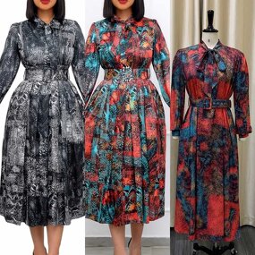 Office Pleated Dress Manufacturer - OEM Plus Size Casual High Waist With Belt Print Office Pleated Dress Clothing