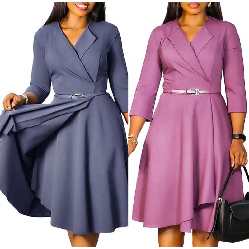 Office Lady Dress Factory - OEM Autumn Career Women Elegant V-Neck High Waist A-Line Office Lady Dress African Dresses