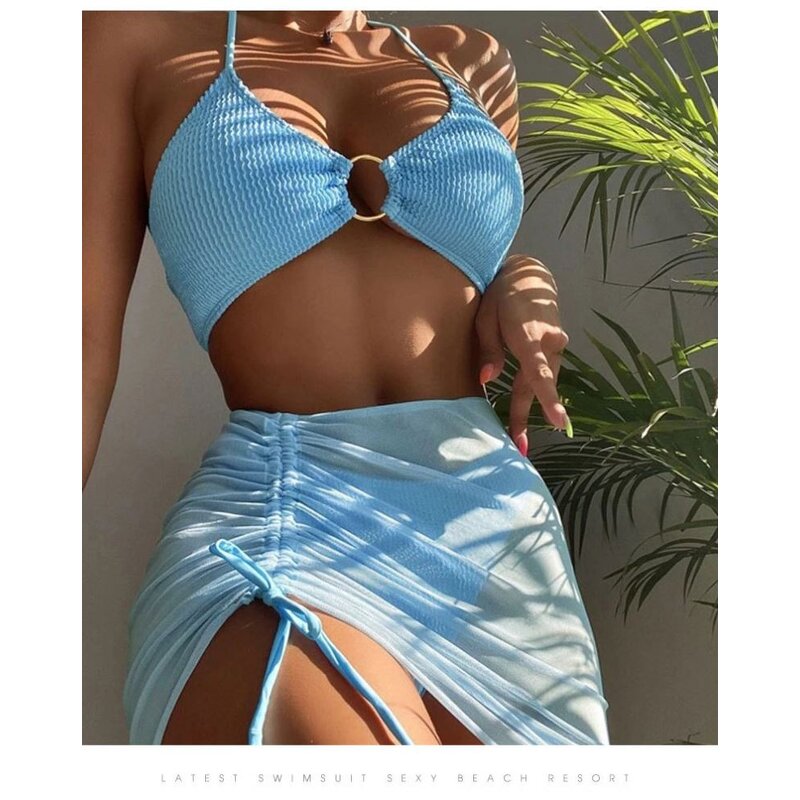 Mesh Sheer Skirt Set Factory - OEM See Through Mesh Sheer Skirt Beachwear 3 Piece Womens Clothing Set Wool Suit