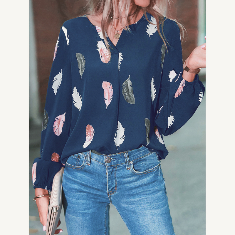 Chiffon Shirt Manufacturer - OEM Autumn Winter New Women's V-Neck Feather Print Bell Sleeves Loose Fit